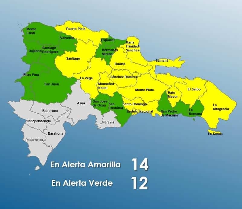 COE eleva 13 provincias y el Distrito Nacional a alerta amarilla