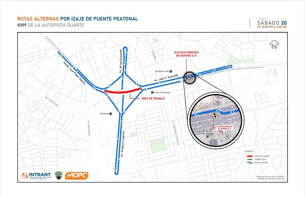 MOPC anuncia cierre nocturno de carriles en Autopista Duarte