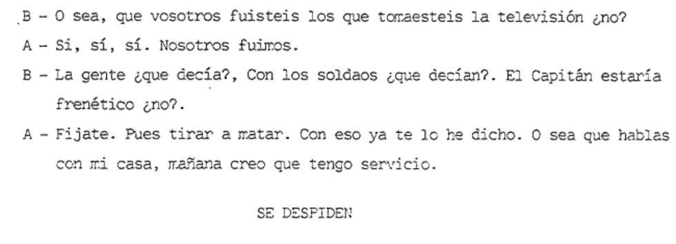 Extracto de una conversación en la que participa un soldado implicado en la toma de Televisión Española, durante el intento de golpe militar del 23-F en 1981, tomada de los archivos desclasificados por el Gobierno de España el 25 de febrero de 2026.