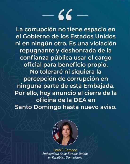 Embajadora de EE. UU. anuncia cierre de oficina de la DEA en Santo Domingo