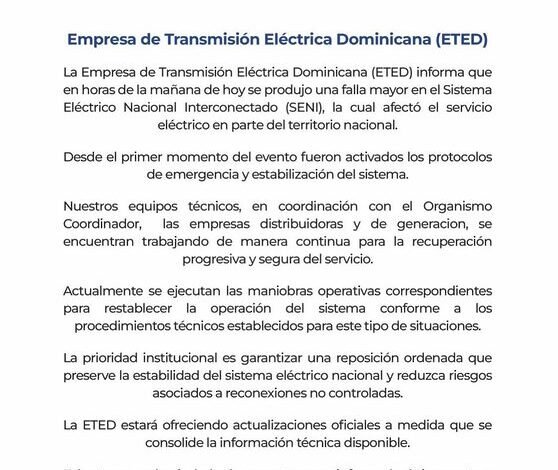 ETED informa sobre falla mayor en el Sistema Eléctrico Nacional Interconectado