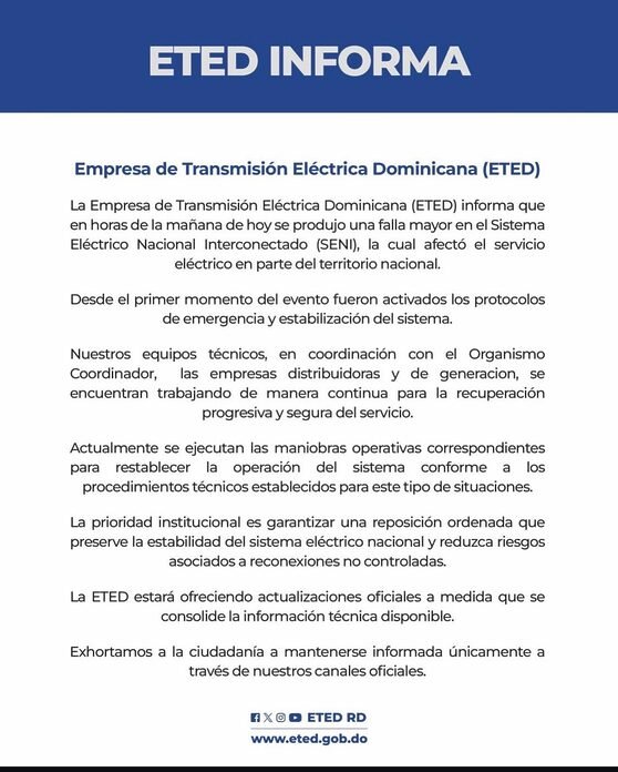 ETED informa sobre falla mayor en el Sistema Eléctrico Nacional Interconectado