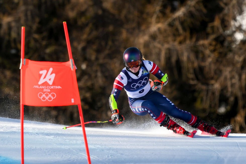 Mikaela Shiffrin durante la segunda manga del eslalon gigante de los Juegos Olímpicos de Invierno de Milán-Cortina. En Cortina d'Ampezzo (norte de Italia), el 15 de febrero de 2026