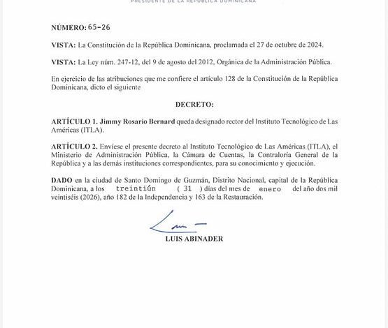 Presidente Abinader designa nuevo rector del ITLA mediante decreto 65-25
