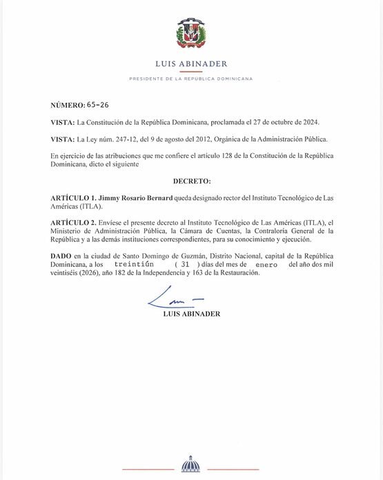 Presidente Abinader designa nuevo rector del ITLA mediante decreto 65-25