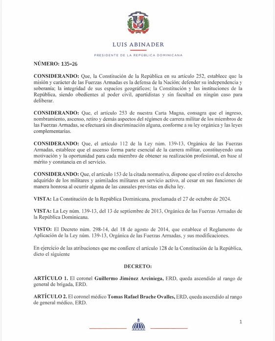 Presidente Abinader emite decreto que dispone ascensos y retiros en las FFAA