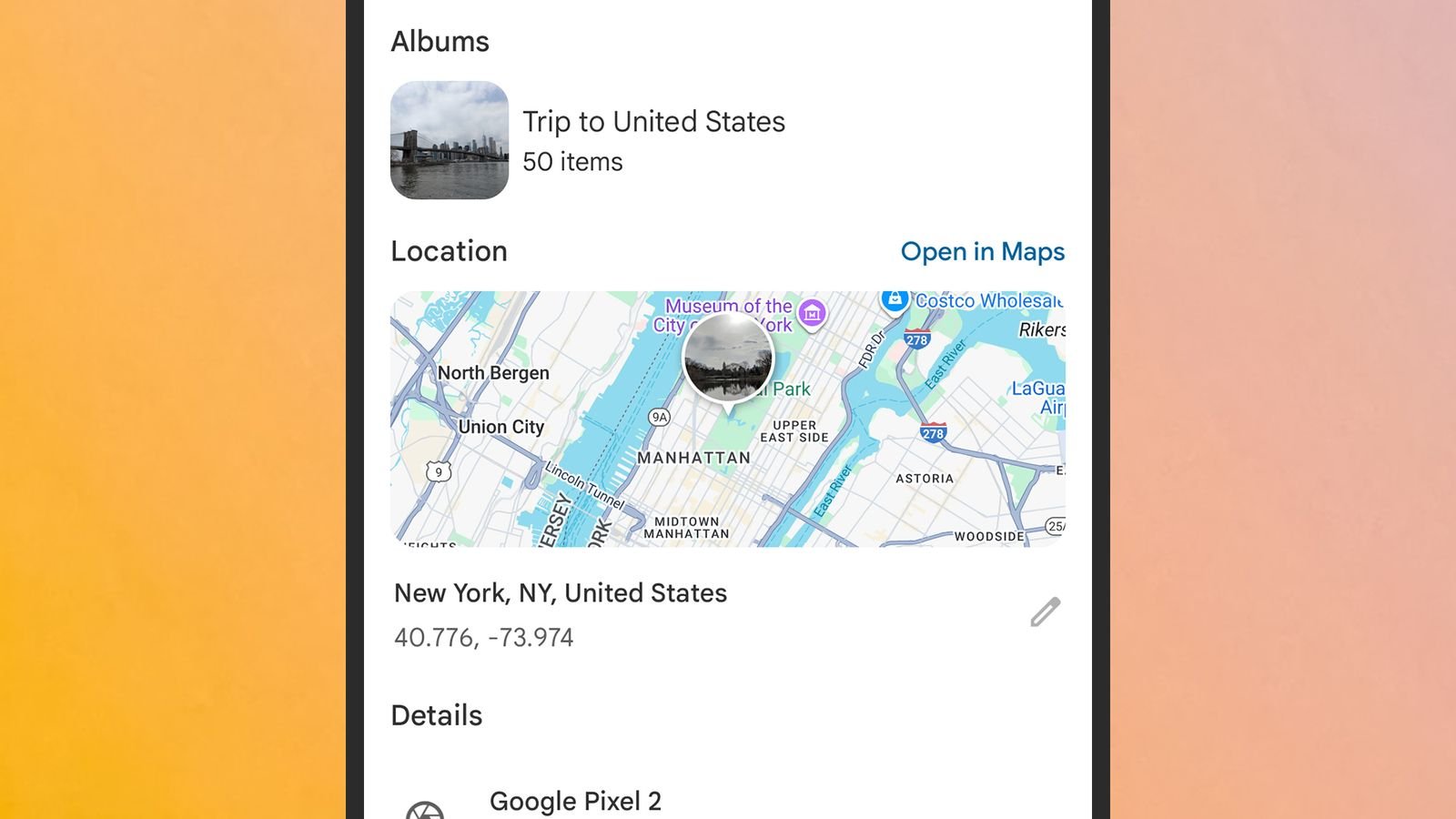 Una foto con sello de ubicación en Google Fotos en Android.