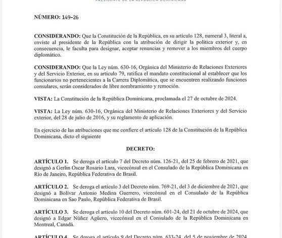 Decreto 149-26: Derogación de designaciones consulares