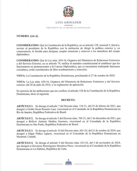 Decreto 149-26: Derogación de designaciones consulares