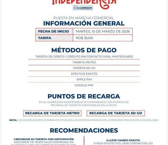 Gabinete de Transporte informa inicio del pago de la tarifa en el Corredor Independencia a partir del martes 10 de marzo