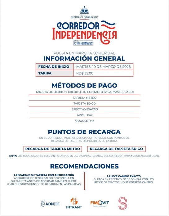 Gabinete de Transporte informa inicio del pago de la tarifa en el Corredor Independencia a partir del martes 10 de marzo
