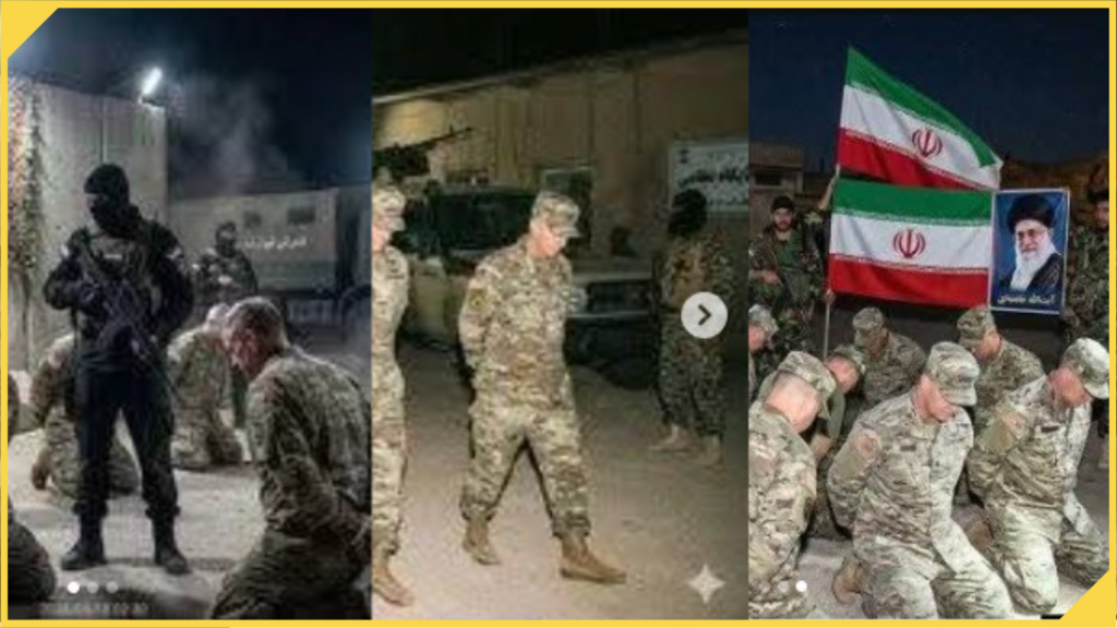 Capturas de pantalla tomadas por France 24 a partir de una publicación viralizada en redes sociales, que asegura que fuerzas de Irán capturaron como prisioneros de guerra a soldados de Estados Unidos. Sin embargo, esto constituye una desinformación ya que las fotos fueron realizadas con inteligencia artificial.