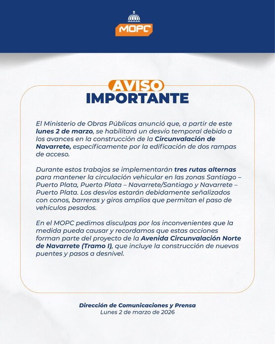 MOPC habilitará desvío temporal por avances en la Circunvalación de Navarrete