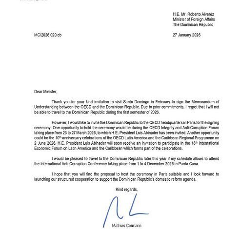 OCDE propone firmar acuerdo con República Dominicana en París y confirma invitación a Abinader