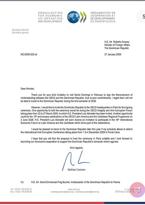 OCDE propone firmar acuerdo con República Dominicana en París y confirma invitación a Abinader