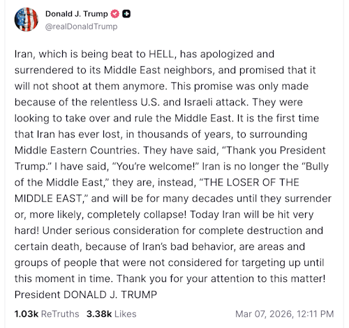 Trump afirma que Irán “se ha rendido” ante sus vecinos y amenaza con nuevos ataques