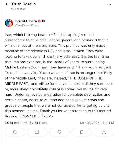 Trump afirma que Irán “se ha rendido” ante sus vecinos y amenaza con nuevos ataques