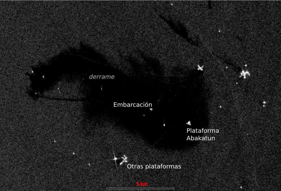 Esta imagen satelital es del 14 de febrero de 2026 sobre el Golfo de México, en la que las organizaciones señalan un derrame de petróleo desde entonces.