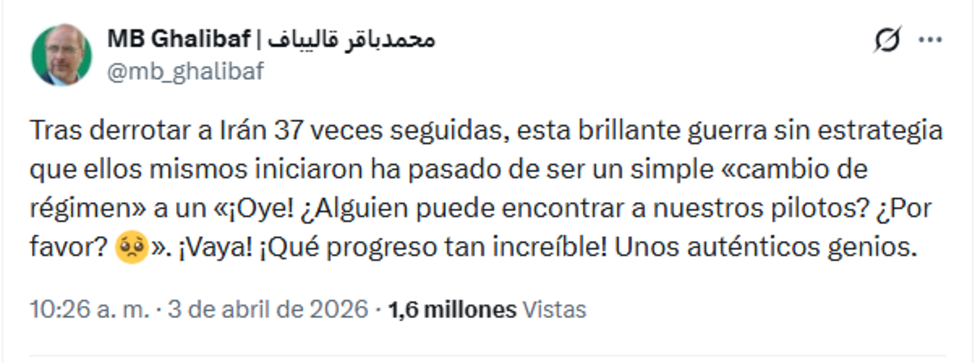 Un mensaje del presidente del parlamento iraní publicado el viernes 3 de abril de 2026.