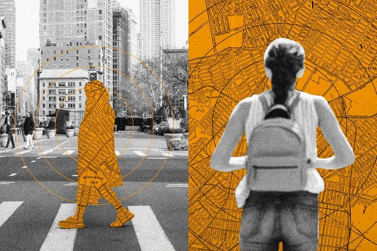 Collage de una persona caminando en la calle. 