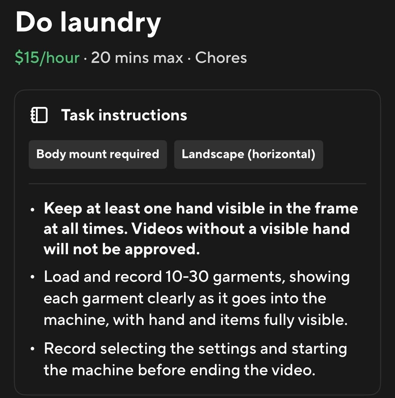 Captura de pantalla de Tasks. Ofreciendo 15 dólares por lavar ropa.