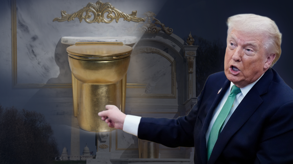 Una composición del inodoro de oro expuesto en el National Mall de Washington D. C. junto a Donald Trump